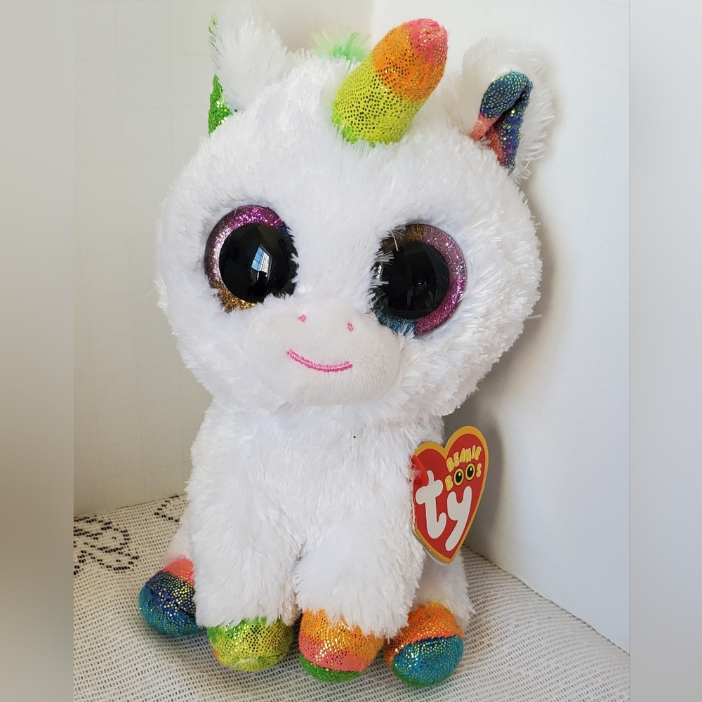 TY Beanie Boos Pixy White Rainbow Unicorn Glitter Eyes 6" Plush Stuffed Animal